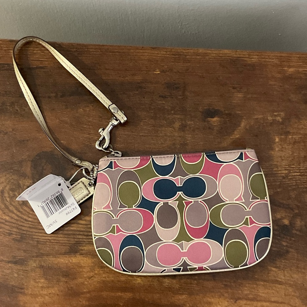 COACH Multicolor "Ashley" Signature Satin Scarf Print Leather Wristlet Purse
